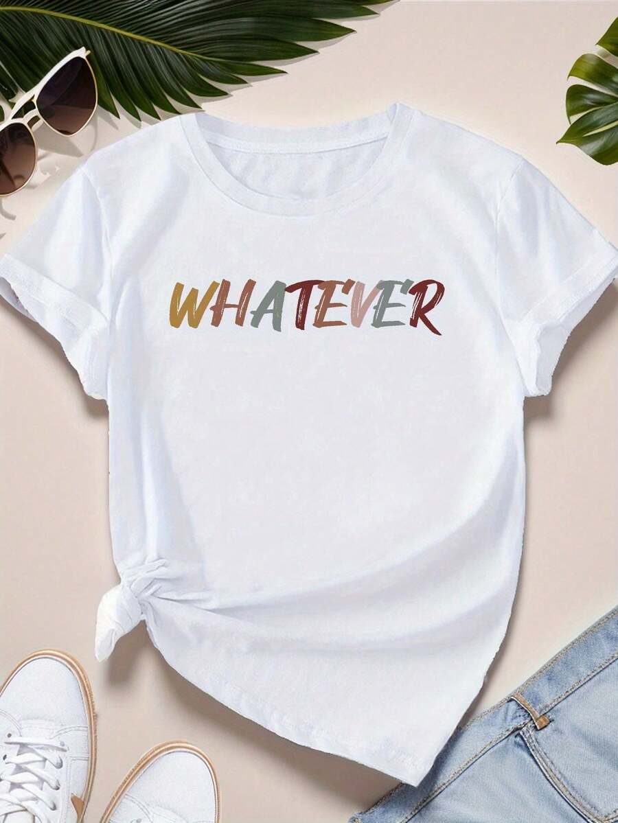 Plus Size Women's T-Shirt With Round Neck And Short Sleeves, Simple And Elegant Artistic Print With The Phrase "Whatever Casual Statement", Casual And Uninhibited, Comfortable And Pleasant To The Touch, Machine Washable, Suitable For Daily And Casual Wear, Street Style, Modern Print T-Shirt, Lightweight T-Shirt, Easy Care, Short Sleeve T-Shirt, Women's T-Shirt, Casual Wear, Urban Style. - 白色 - 查看 1