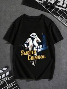 Black Crew Neck Casual T-Shirt With A Stylish "Smooth Criminal" Print, A Must-Have Fashion Item This Summer. With A Crisp, Streamlined Cut, This Garment Creates A Clean And Vibrant Look. Its Relaxed Yet Flattering Silhouette Suits All Body Types, Offering A Style That Is Both Casual And Sophisticated. - 黑色 - 查看 6
