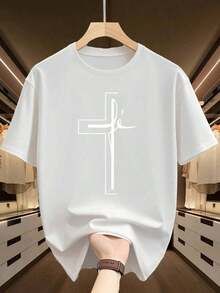 NEW Quick-Drying T-Shirt With Bold Cross Graphic, Soft And Breathable Fabric, Regular Fit, Elegant Black Christian Casual T-Shirt, -Unisex Summer Top-Vintage Street Style Unisex Loose Cotton Short Sleeve Crew Neck T-Shirt - 白色 - 查看 1
