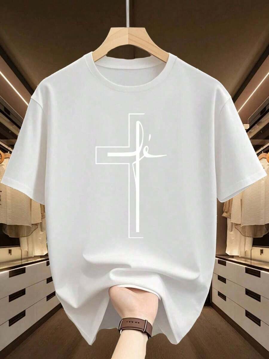NEW Quick-Drying T-Shirt With Bold Cross Graphic, Soft And Breathable Fabric, Regular Fit, Elegant Black Christian Casual T-Shirt, -Unisex Summer Top-Vintage Street Style Unisex Loose Cotton Short Sleeve Crew Neck T-Shirt - 白色 - 查看 1