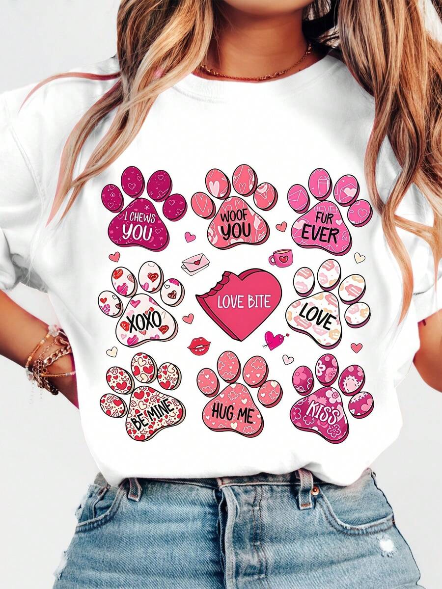 Plus Size Women's Casual Short Sleeve T-Shirt, Local Delivery, 1 Unit - Valentine's Day Gift, Fun Party Print, Loose Crew Neck, Breathable And Machine Washable Fabric, Ideal For Everyday Wear - 白色 - 查看 1