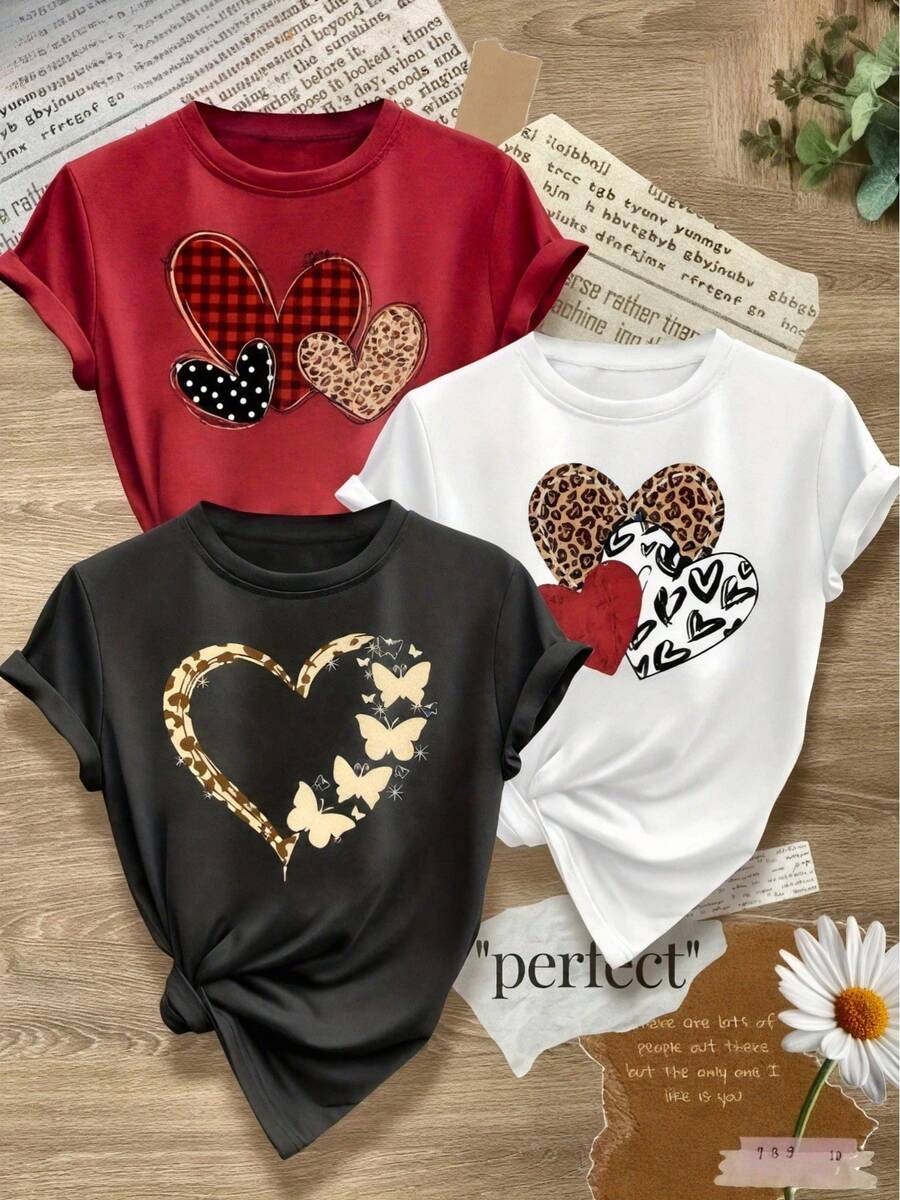 Camisetas de mujer, camisetas de mujer, diseño sencillo de una pieza con líneas claras y estampado de corazones, top deportivo casual de estilo retro y moderno para primavera, otoño y verano, camiseta de manga corta con cuello redondo, tallas S-XXL. - 1 patrón aleatorio blanco - Ver 1