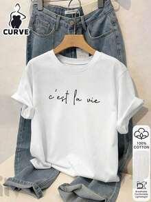 Plus Size Women's 100% Cotton Short-Sleeve Blouse With Letter Print, Perfect For Outdoor Wear, Graphic Tee, Summer Top, Minimalist Vacation Outfit, Beach Style, White, Crew Neck, Soft Fabric, Short Sleeves - 白色 6 - 查看 3