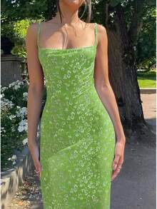 Y2K Floral Print Long Dress With Thin Straps, Bodycon Summer Dress With Deep V-Neck, Sexy Backless Summer Dresses, Streetwear - 軍綠色 - 查看 10