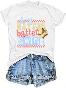 Women's Letter Baseball T-Shirt - Soft And Breathable Crew Neck Short Sleeve - Alphabet Print (,,,,,,,,I,J,K,,,N,O,,,,S,T,,,W,,,) - Spring Summer Casual Outfit - Machine Washable - 白色 - 查看 1