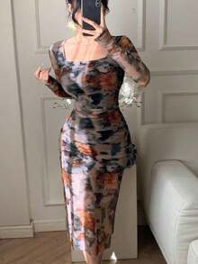 Vestido con estampado floral de primavera y verano, vestido elegante de manga larga transparente con dobladillo de sirena ajustado para festival de música, boda, fiesta, vestido de paseo - Gris - Ver 4