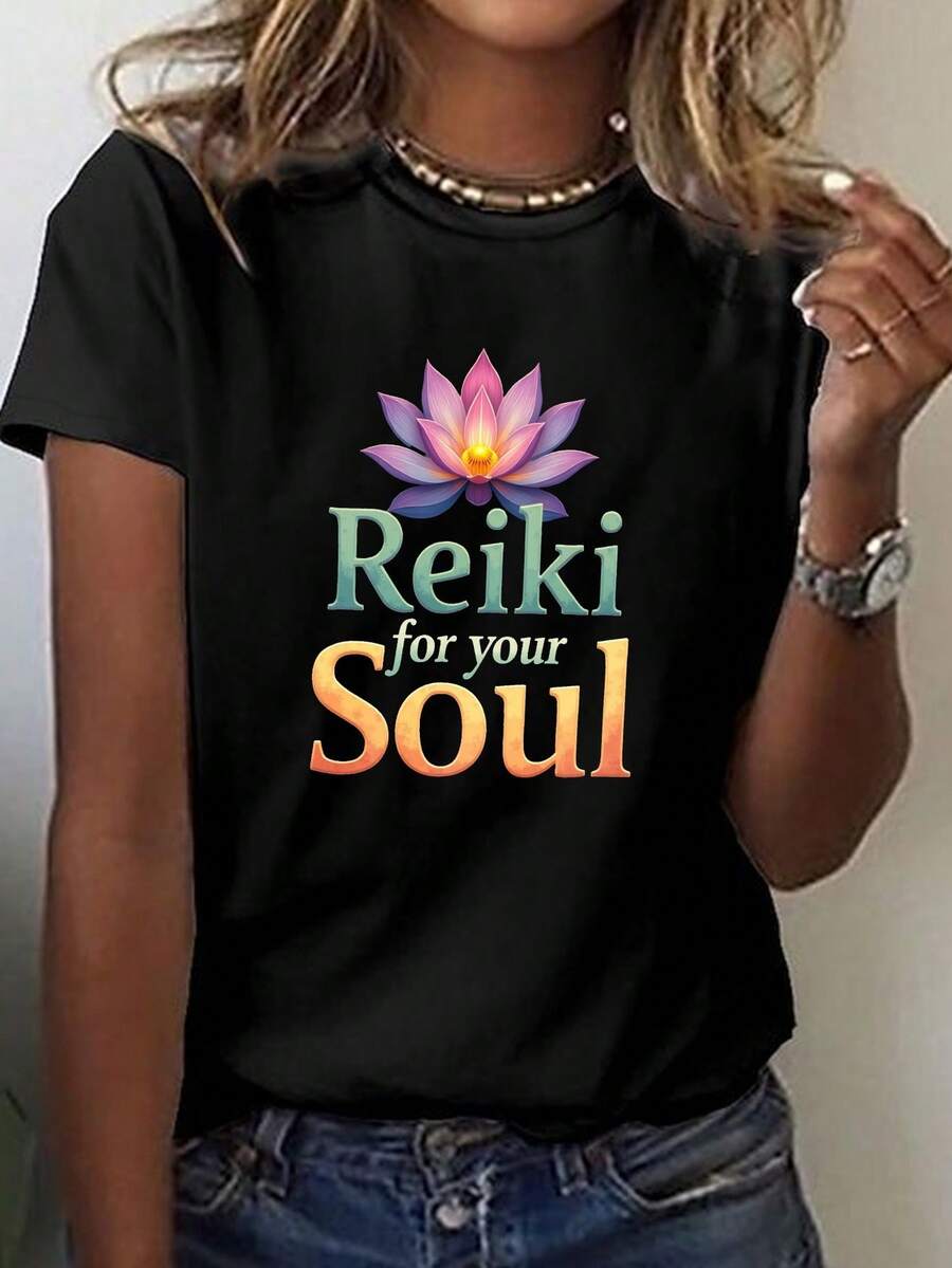 REIKI Women's Short Sleeve T-Shirt - Lotus Flower Print, Round Neck, Medium Elasticity Casual Blouse, Ideal For Casual Outfits And Layering, Machine Washable - Comfortable T-Shirt - 黑色 - 查看 1