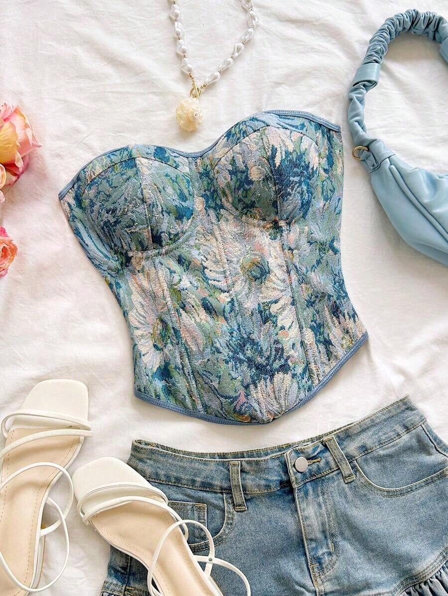 Blusa de tirantes con estampado floral vintage bohemio, elegante y tropical, ideal para vacaciones, boda en la playa, graduación, brunch, Día de San Patricio, Spring Break, Pascua, festivales de música, otoño/invierno - Azul - Ver 1