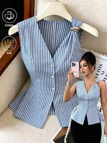Nueva blusa de verano para mujer con diseño de hebilla de metal minimalista y elegante, escote en V y sin mangas que favorece la silueta - Azul y blanco - Ver 9