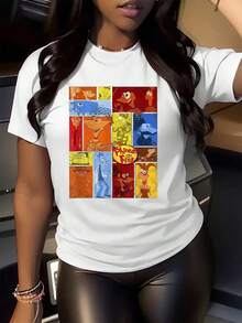 Colorful Illustration Depicting Various Animated Characters Divided Into Panels, Showcasing Energy, Creativity, And Fun With Balanced Warm And Cool Tones. Comfortable And Modern Casual Women's T-Shirt For Everyday Wear - 白色 - 查看 2