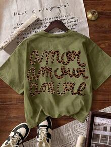 Women's "More Love" Leopard Print Round Neck Short Sleeve T-Shirt, Casual, Black, For Summer, Autumn/Back To School. - 軍綠色 - 查看 2