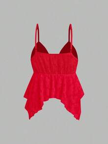 Camiseta de mujer con escote en V sexy y bajo asimétrico de encaje - Rojo - Ver 6