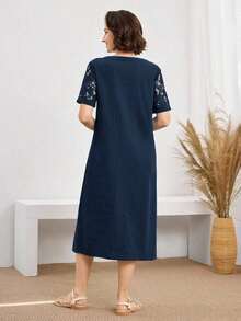 Vestido casual diario de encaje y parches para mujer, primavera y verano - Azul marino - Ver 2