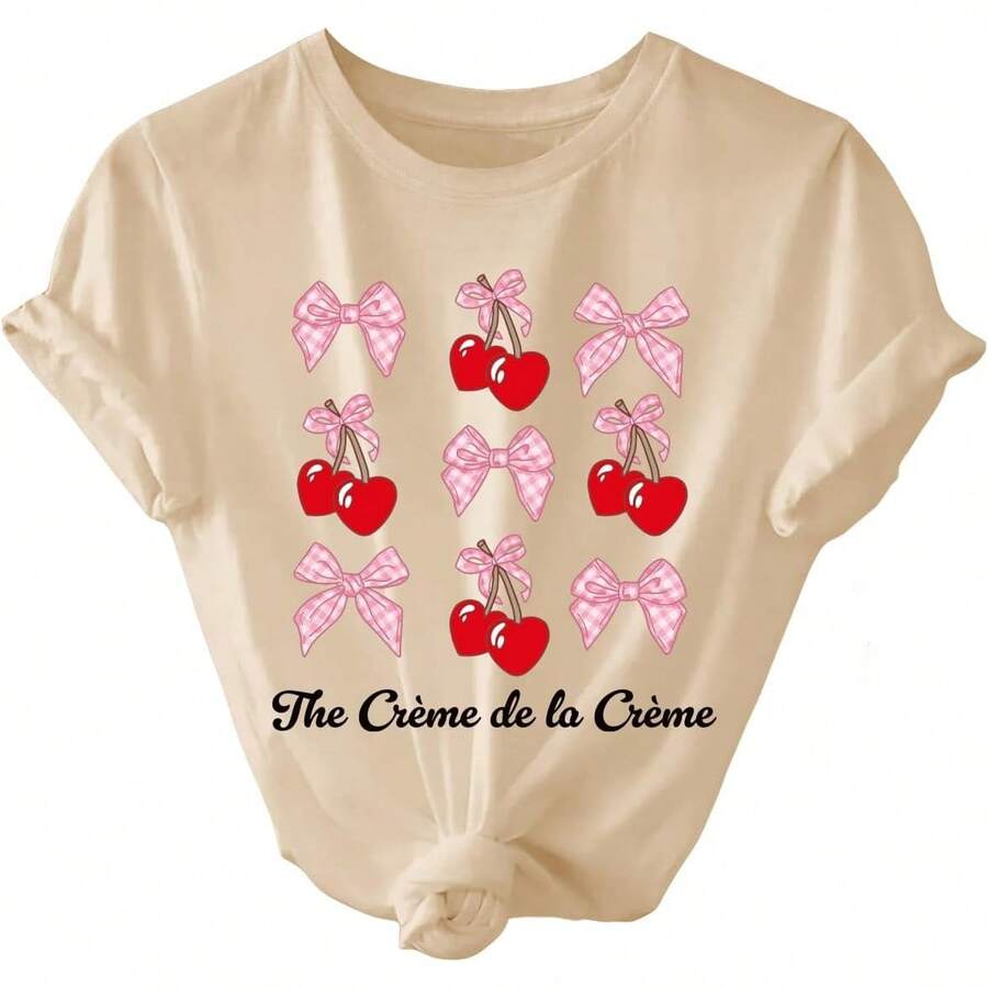 SweatyRocks - Women's Casual Short Sleeve T-Shirt With Letter And Fruit Print - 杏色 - 查看 1