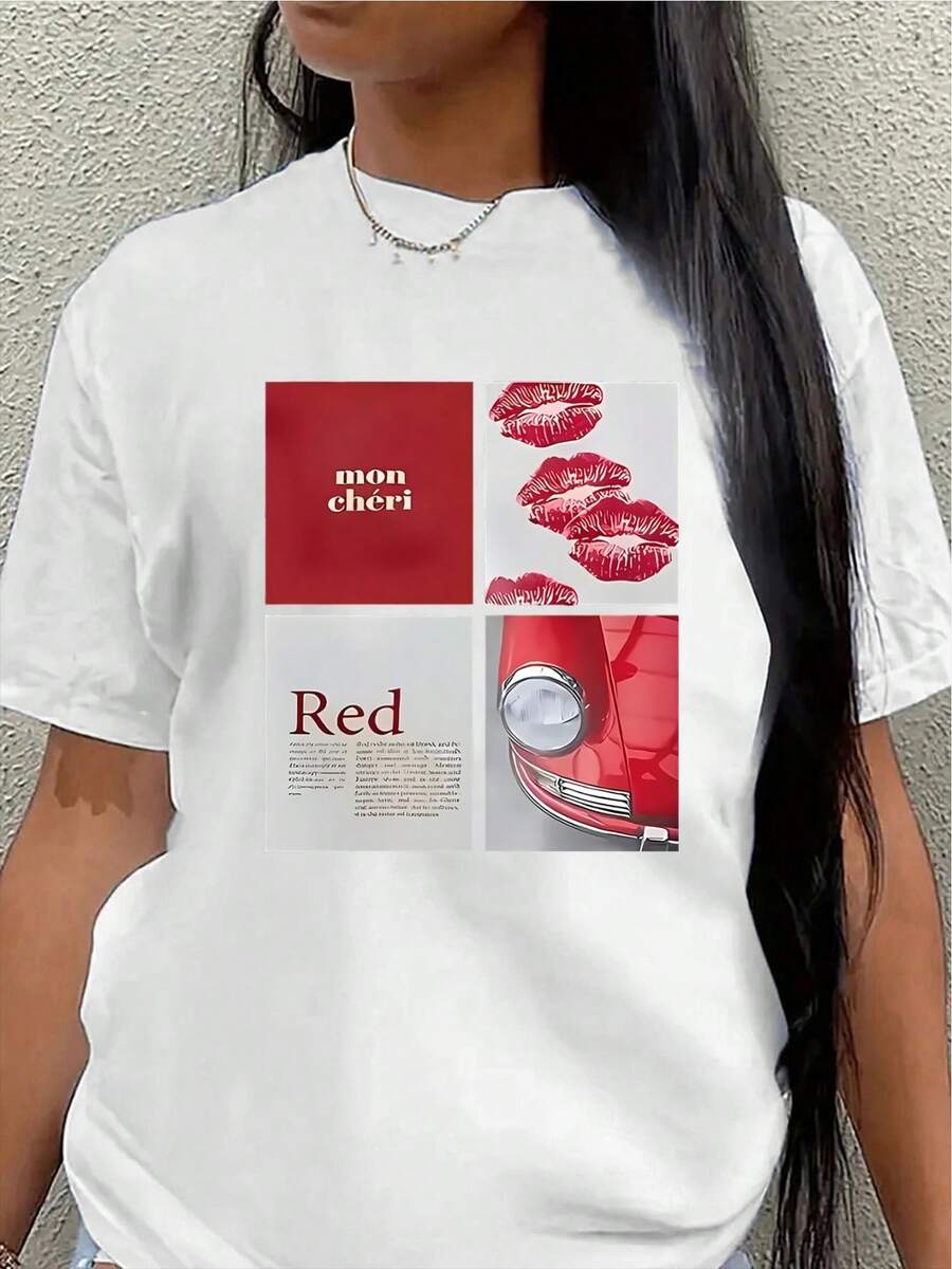 This Lightweight And Durable Short-Sleeved T-Shirt, Featuring A Red Lip Print Design, Is Perfect For Home, Restaurants, Or Casual Outdoor Outings, Offering A Comfortable Everyday Wearing Experience. - 白色 - 查看 1