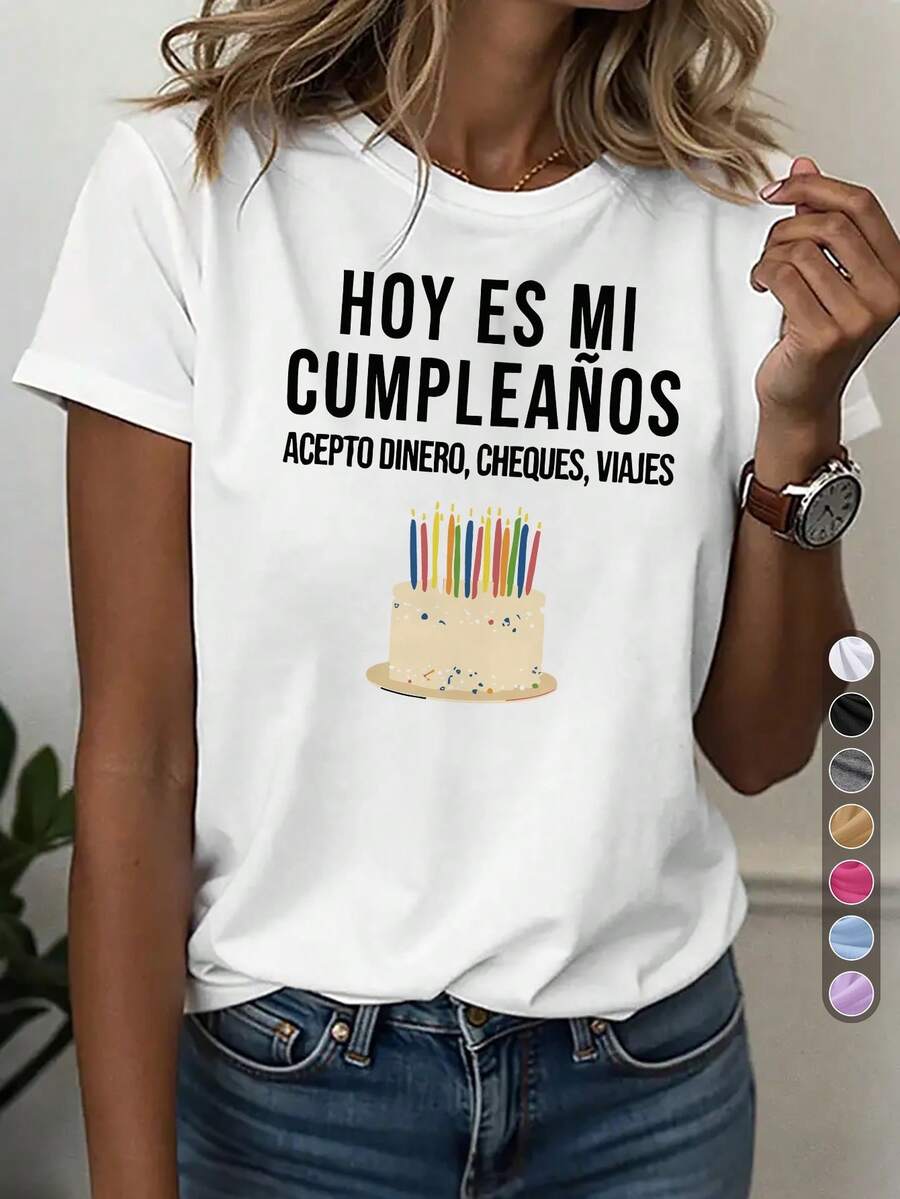 Camiseta Casual de Cuello Redondo para Mujer "Hoy Es Mi Cumpleaños" - Ideal para Fiestas de Cumpleaños, Uso Diario y Celebraciones en Español (Camiseta Cómoda para Todo el Año) - Blanco - Ver 1