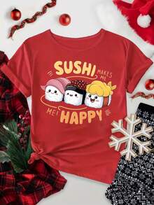 Women's Short Sleeve T-Shirt With Cartoon Rice Ball Design - Army Green - View 6