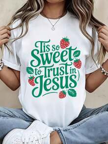 1 Piece Women's Round Neck T-Shirt With Strawberry Print And Text "It's So Sweet To Trust In Jesus", Short Sleeve, Casual Summer Style For Daily Wear, 180g, 100% Cotton. - 白色 - 查看 7
