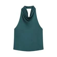 MUJER-Tops con cuello Halter para mujer, Top corto de satén con espalda descubierta, Tops de playa con hombros descubiertos para mujer, camisola Sexy, Top sin mangas para mujer - vino tinto - Ver 3