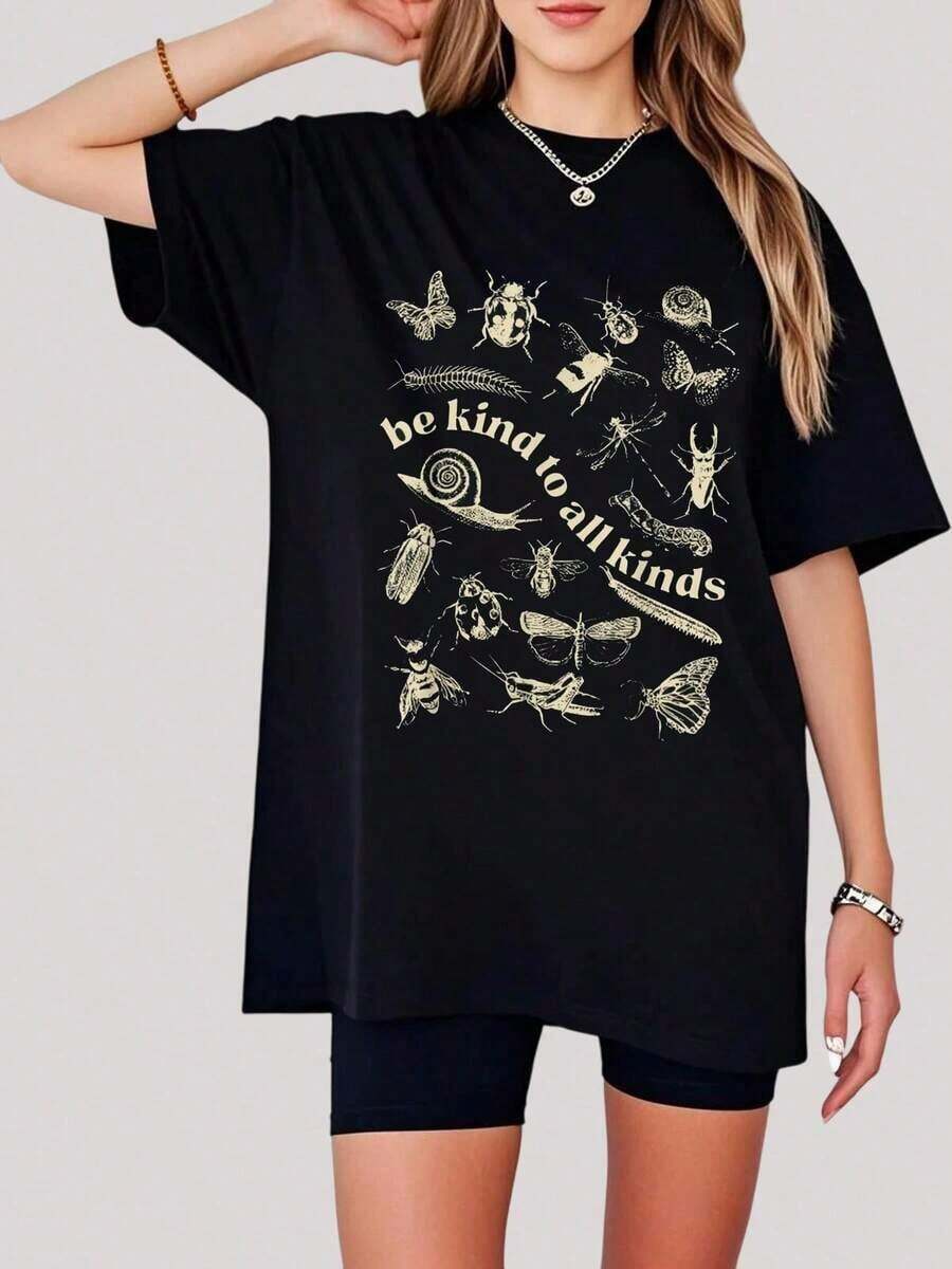 Vintage T-Shirt "Be Kind To All Kinds Bugs Entomology Entomologist", 100% Cotton, Classic Short Sleeve Thick Cotton T-Shirt, Graphic Print T-Shirt, Casual Short Sleeve Top For Women. - 黑 - 查看 1