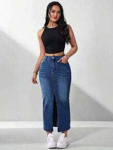 Falda vaquera casual de mujer con bolsillos y abertura lateral - Azul lavado oscuro 2 - Ver 10