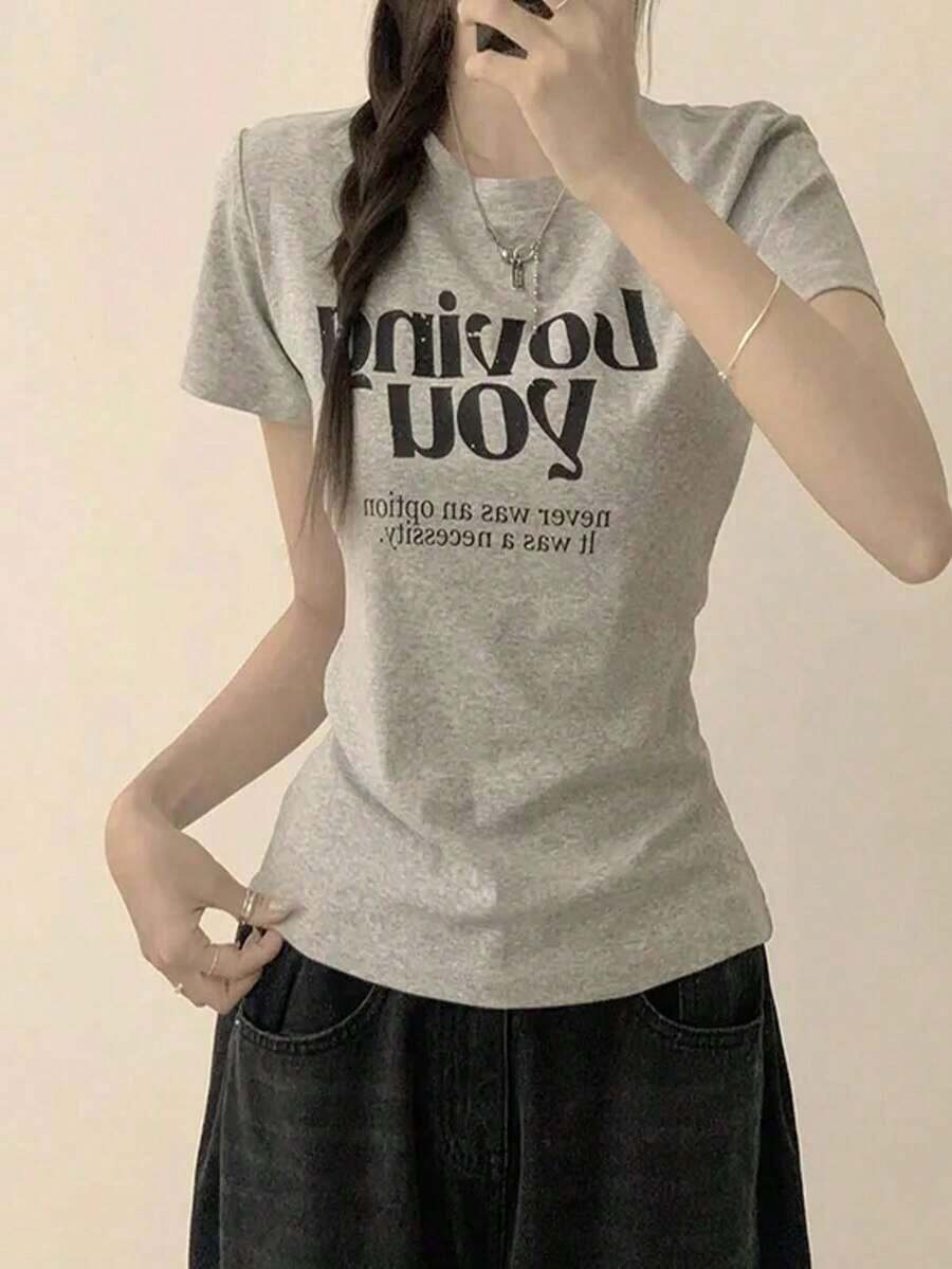 Women's Short-Sleeved T-Shirt, Round Neck, Loose Fit For Summer - 淺灰色 - 查看 1