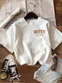 Women's Vintage T-Shirt With WIFEY EST 2026 Print, Bold Letter Graphic Design, Casual Round Neck, Loose Fit Pure Cotton Short Sleeve T-Shirt For Summer, Unisex - 白色 - 查看 6