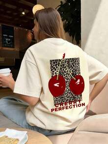1 Piece Of Women's Summer T-Shirt With Round Neck And Short Sleeves, Leopard Print And Cherry Design, Suitable For Summer, Beach, Street, Daily Wear, Work, Office Party, Going Out, Festival, Music Festival, Valentine's Day, Casual Party, White Color. - 杏色 - 查看 4