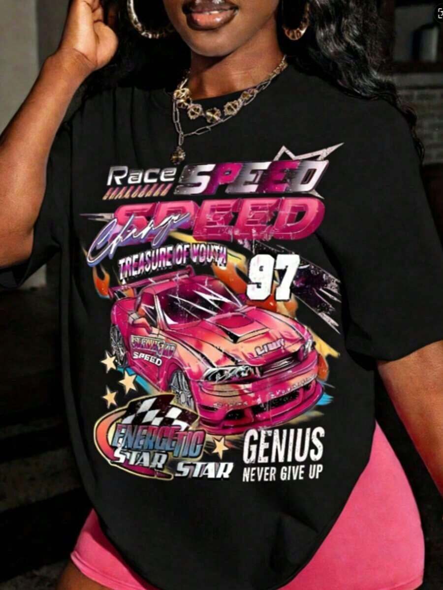 Camiseta Casual de Verano para Mujer PrimaveraTopsMujeresCarrerasPatrónCamiseta-Y2KRetroCarrerasDiseñoVelocidadTextoImprimir-No TransparenteSueltoSuperior,AdecuadoParaMotocicletaDeportesYDiarioCalleRopa-PrimaveraVeranoMujeresRopaCortoMangaCamisetaBrillanteImprimirCamisaSueltoYCómodoVerano - Negro - Ver 1