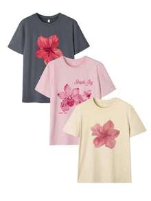 Set de 1 camisetas de mujer de manga corta con cuello redondo, estampado gráfico minimalista y colorido de letras, tortuga marina, delfín y medusa, versátil, adecuado para blusas de mujer, uso casual de vacaciones, primavera - Albaricoque - Ver 2