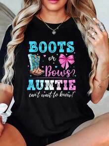 100% Cotton Women's T-Shirts And Clothing Sets With The Phrase "Boots Or Bows: Gender Reveal Announcement, Aunt Or Cousin" For Gender Reveal Parties - 黑色 - 查看 6