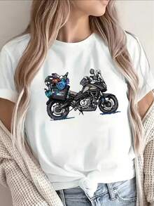 Camiseta de manga corta ligera y duradera, con estampado gráfico de motocicleta, perfecta para salidas informales en casa o en cafeterías, diseñada para la comodidad diaria con un diseño llamativo y material suave. Camiseta de algodón familiar coordinada. - Negro - Ver 8