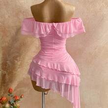 Spring & Summer Vacation Knit Mesh Strapless Fitted Tiered Ruffle Asymmetric Hem Dress, Suitable For Garden Party, Tea Party, Flower Arranging, Date, Bohemian, Boho, Vacation,Summer Dresses For Women - Blanco - Ver 3