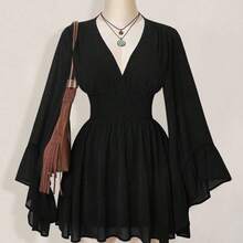 ICON Women's Halloween Goth Black Corset Solid Color V-Neck Waist Cinched Elegant Long Sleeve Mini Dress,Fall/Winter  Bell Sleeve Dress Black Dress With Sleeves,Thanksgiving Outfit For Women - Azul - Ver 4