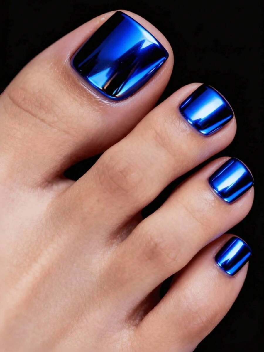 24pcs Electroplated Blue Short Y2K Style Fake Nails Disposable Nail Tips - Blue - View 1