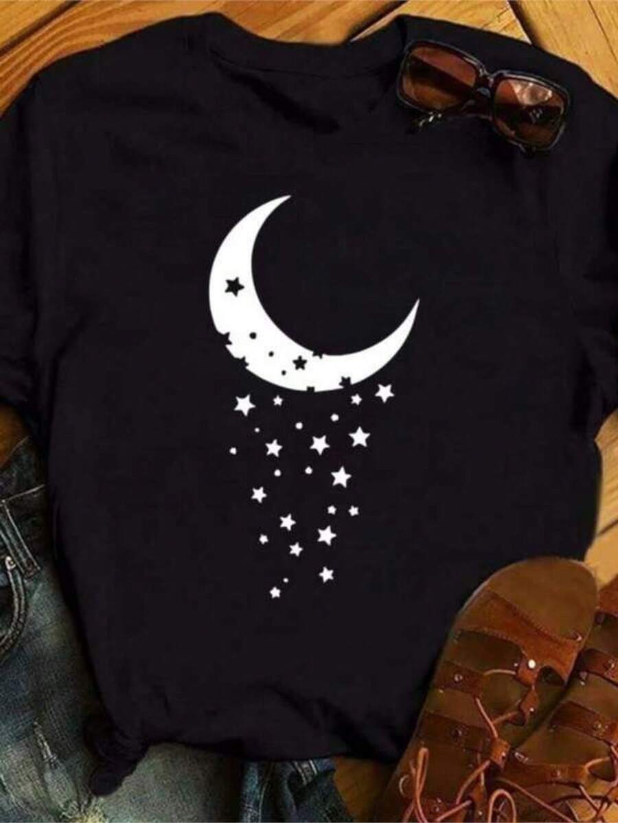 New Moon Butterfly Printed Women Tshirt Funny 90s Ulzzang Short Sleeves T Shirt Fashion Lady Yong Girls Gifts Shirts - 黑色 - 查看 1