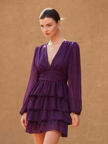 Aveloria Revavyn Vestido mini elegante de mujer con escote en V, mangas abullonadas, cintura con volantes y bajo con volantes de gasa - Morado - Ver 3