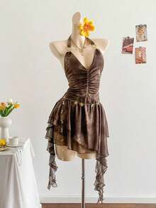 Vestido azul impreso de malla de punto con escote de halter romántico de vacaciones para mujeres - Marrón - Ver 5