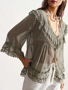Blusa holgada de unicolor con cuello en V y dobladillo con volantes para mujer - Verde - Ver 8