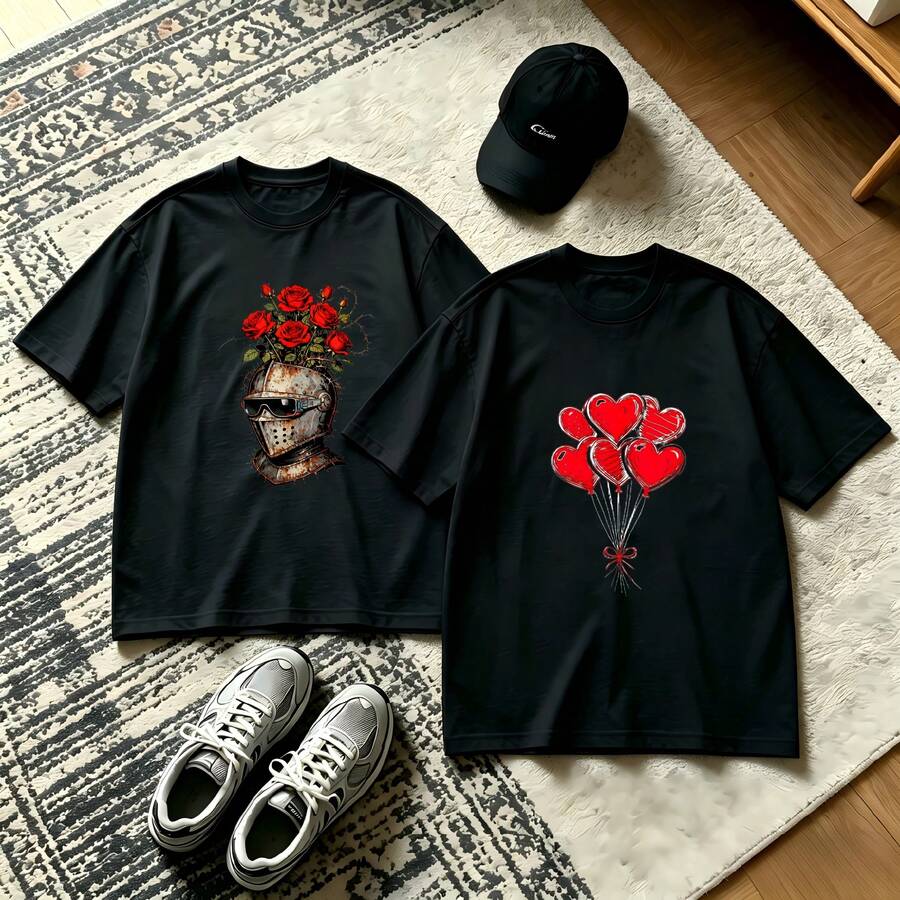 2-Piece Couple Matching Pattern T-Shirt, 100% Cotton, Loose Fit, Soft And Breathable, Casual Round Neck Short Sleeved Top Glasses Mustache I'm Not A Hipster Heart Sunglasses Lips Chic Vibes Versatile Patterns No Picky Combinations Coordinated Dating Casual Travel Simple And Cartoonish Printing - 黑色 - 查看 1