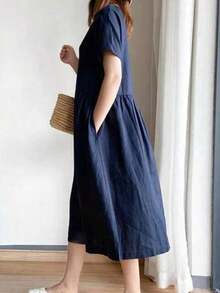 Vestido de mujer de unicolor de longitud media, de manga corta, minimalista y de moda, adecuado para la primavera/verano elegante - Azul - Ver 4