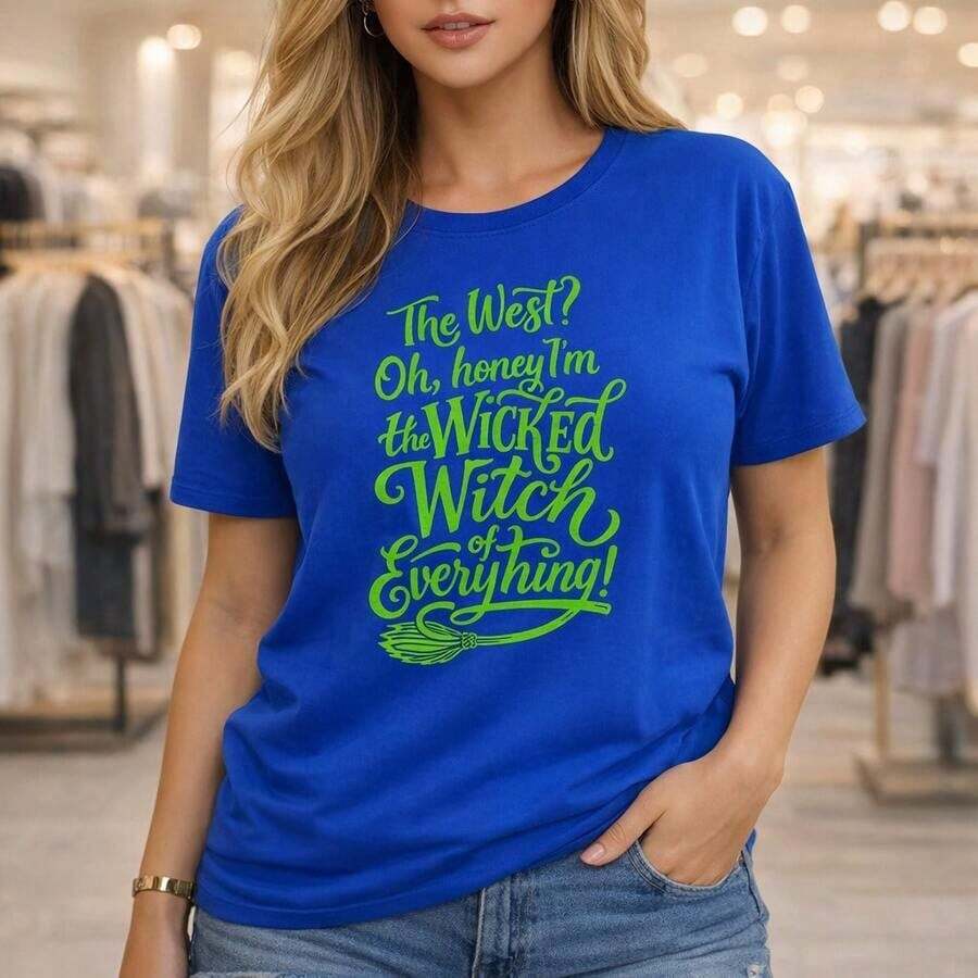 Women's Plus Size Halloween Witch Print Cotton T-Shirt, Casual Loose Fit Short Sleeve, "The West?" Oh, Darling, I'm The Wicked Witch Of Them All! Printed Top, Sizes M-5XL, Soft And Comfortable For Everyday Wear, Green, Suitable For Spring, Summer And Autumn - 藍色 - 查看 1