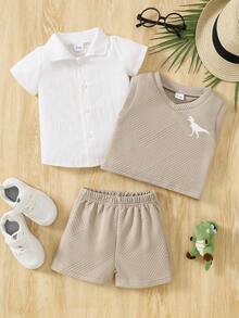 3pcs Casual Minimalist Fashion White Woven Short Sleeve Top, Dinosaur Print Sleeveless Vest, And Brown Shorts Set, Summer Outfit - Multicolor - View 1