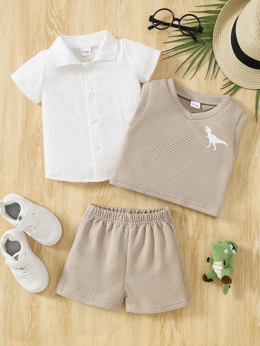 3pcs Casual Minimalist Fashion White Woven Short Sleeve Top, Dinosaur Print Sleeveless Vest, And Brown Shorts Set, Summer Outfit - Multicolor - View 1