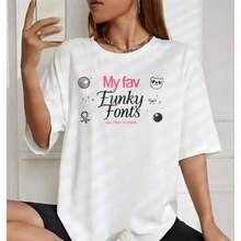 Camiseta Casual de Verano Estilo Coreano de Algodón Estampada para Mujer, Camiseta con Tipos de Letras Divertidas, Diseño Original, Manga Corta, Cuello Redondo, Top para Damas, 100% Algodón, Duradera - Blanco - Ver 4