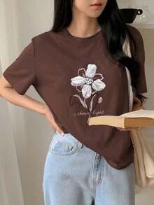 Camiseta holgada y casual con estampado floral para mujer, tops lindos para playa y vacaciones de verano, camisetas gráficas - Café integral - Ver 1