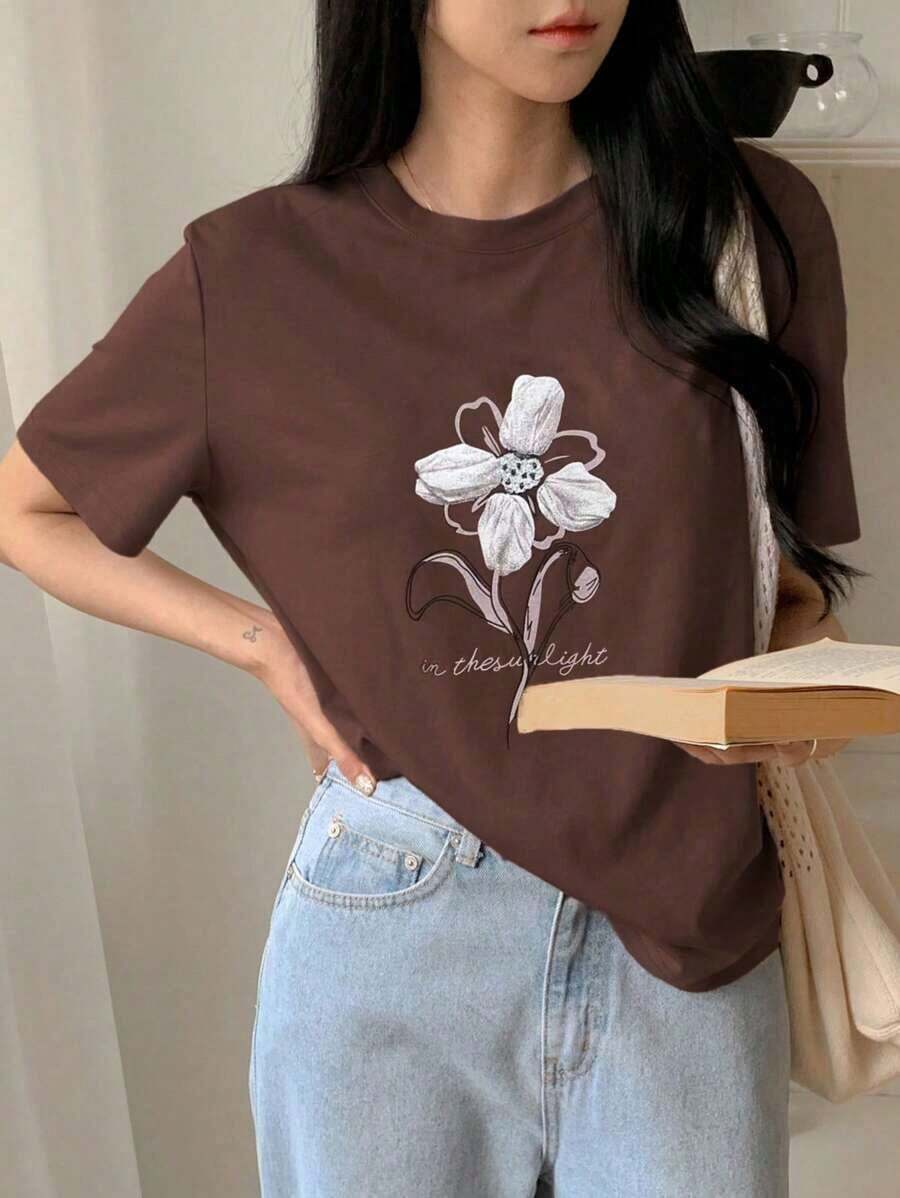 Camiseta holgada y casual con estampado floral para mujer, tops lindos para playa y vacaciones de verano, camisetas gráficas - Café integral - Ver 1