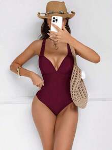 Traje de baño de una pieza con control de abdomen y push-up, con parches de color marrón, cordón de ajuste elegante y sexy, para fiestas y piscina - Burdeos - Ver 5