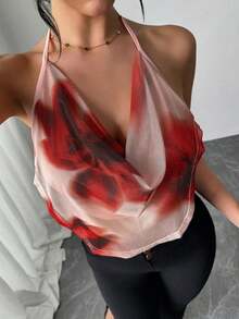 Camiseta ajustada con cuello en V profundo y estampado floral de malla elegante y sexy para mujer, ideal para el verano y las vacaciones - Rojo - Ver 7
