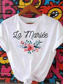 1 pieza de camiseta estampada con temática romántica de novia "La Mariee" francesa, camiseta de manga corta con cuello redondo y diseño floral para mujer, 180g 100% algodón. - Blanco - Ver 2